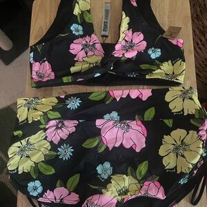 PINK Victoria's Secret Black Floral Bikini with Pink, Yellow & Blue Blooms